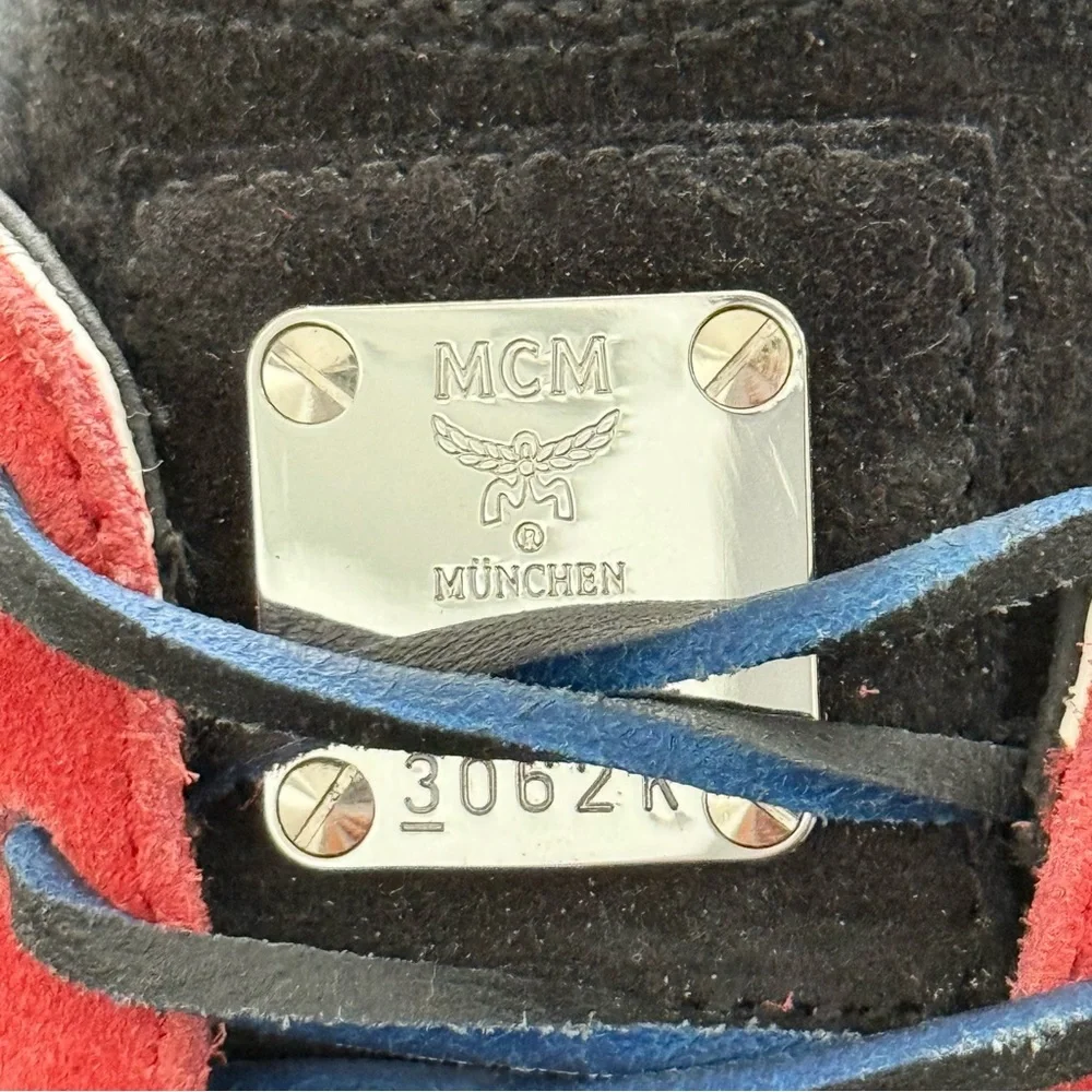 MCM Black Red Blue Logo-Print Leather Sneakers